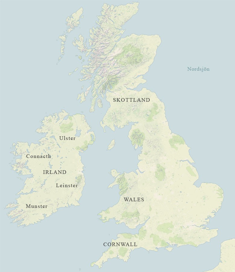 Karta över Irland, Skottland, Wales och Cornwall