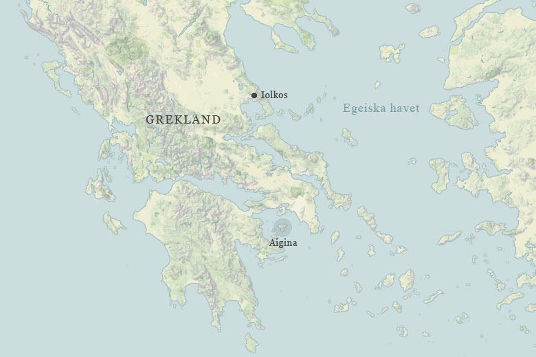 karta staden Iolkos och ön Aigina